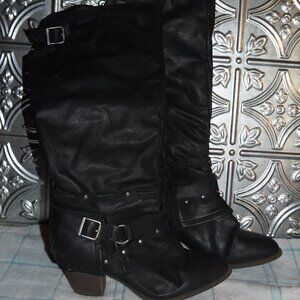 Pop Size 8.5M All Black Strap Design Calf High Heeled Boots